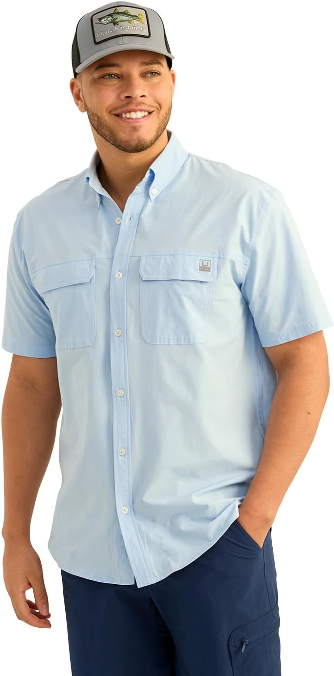 HUK Mens Next Level Solid Short Sleeve Fishing Button Down Shirt for Men