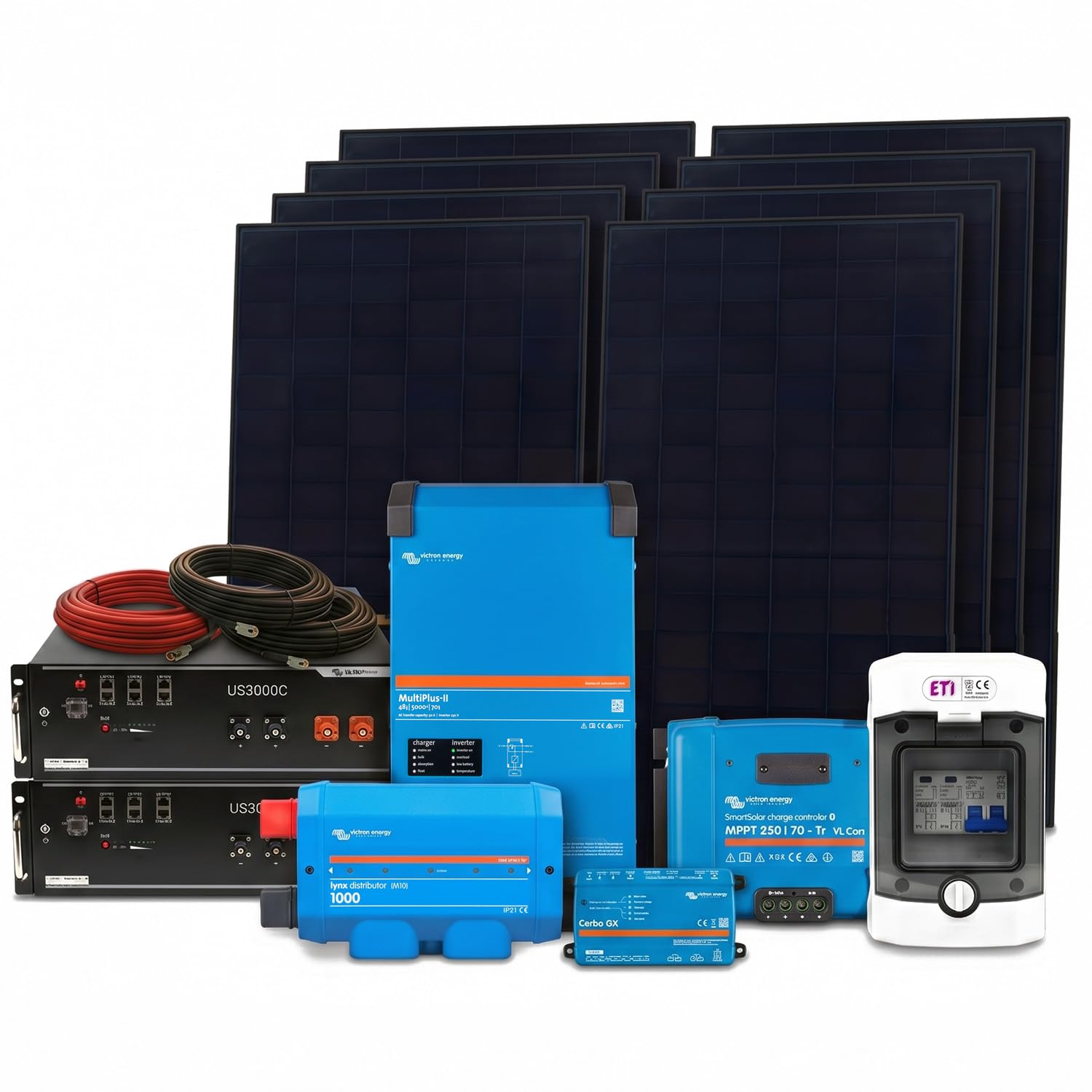 Insel Solaranlage PV-Anlage 5,0kW AC 7,2kWh Speicher, 3440WP Panele, LFP-Batterie, Victron Technik
