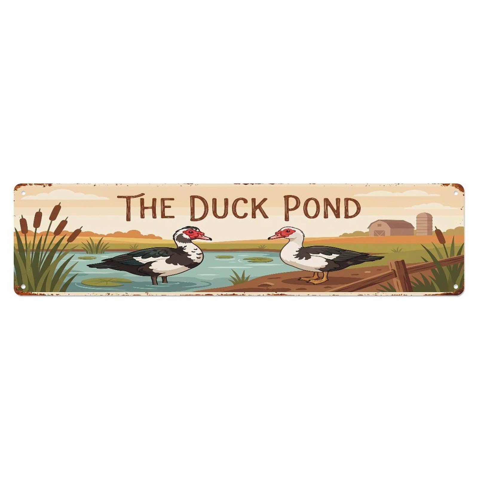 Metal Tin Sign Vintage Muscovy Duck Farm Scene THE DUCK POND