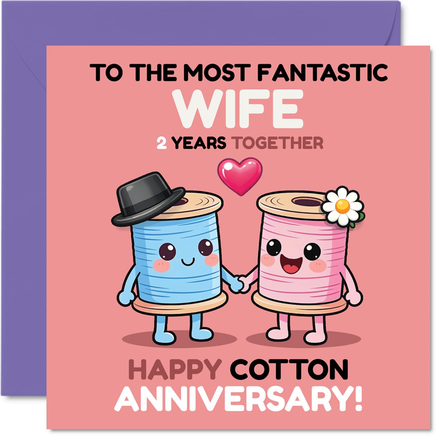 Playful 2nd Anniversary Card for Wife - Spoolmates for Life - Adorable Cotton Reel Couple Illustration - 145mm Square, Envelope Included
