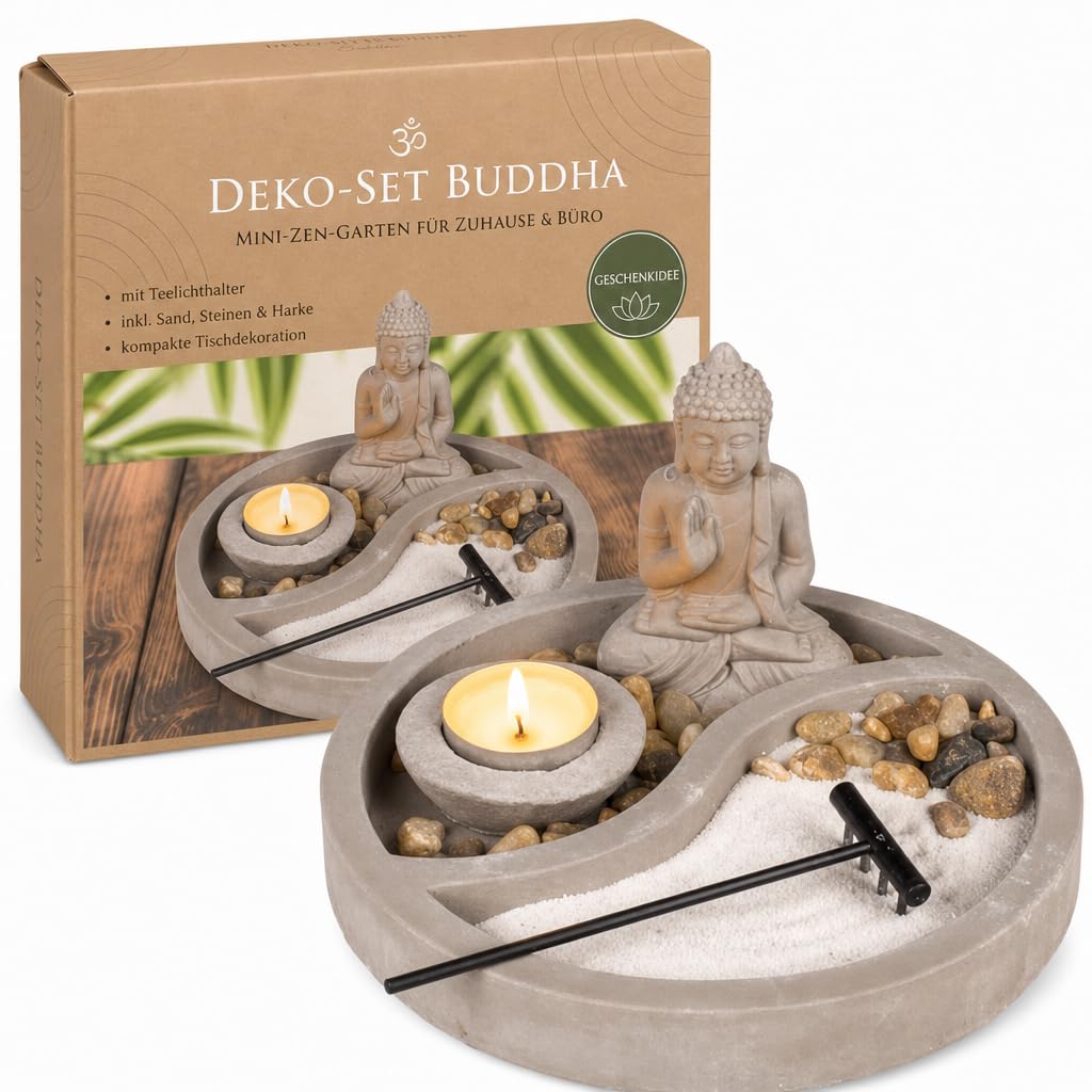 Mijoma Statuetta di Buddha su piatto di cemento con porta candeline, rastrello, pietre decorative e sabbia, set da giardino Zen per la pace e l'armonia (Ø 19 cm)