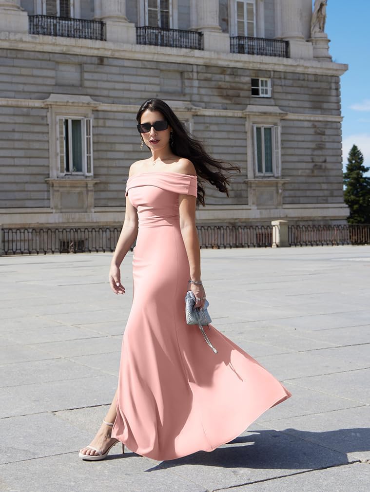 LAGSHIAN Women's Elegant Bodycon Off Shoulder Sleeveless High Split Ruched Long Formal Evening Dress - Image 5