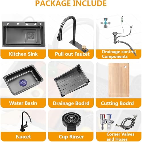 Miniatura 2 de ARTLINE Fregadero de cocina negro de un solo tazón, fregadero de cascada de acero inoxidable, fregadero de bar con lavaplatos, fregadero de estación