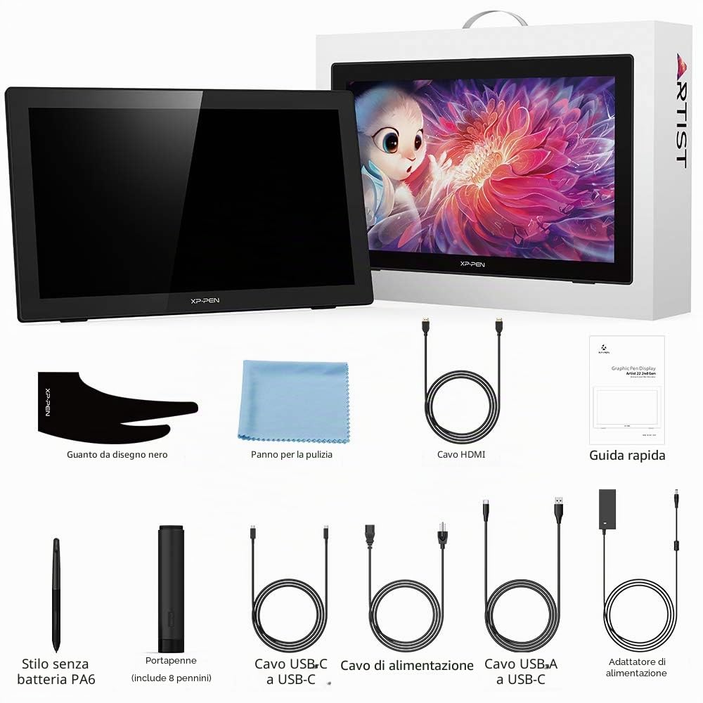 XP-PEN Artist 22 (2a generazione) Tablet da disegno da 21,5" con schermo 1080p con 86% di gamma di colori NTSC, penna senza batteria e supporto regolabile, supporta Windows e Mac