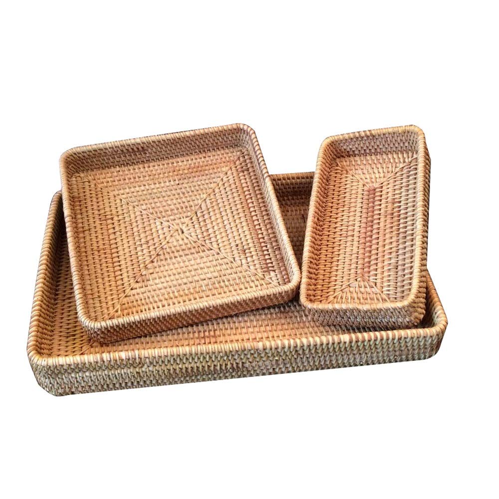 Bandeja Rectangular, Bandeja de ratán, Bandejas for Servir de ratán Tejido (Paquete de 3), Color Natural, Varios tamaños