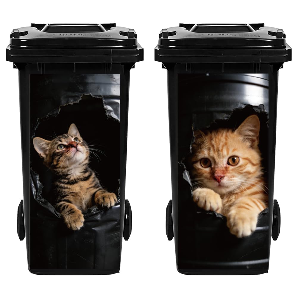 Hobbspring 2Pcs 3D Broken Trash Can Stickers Cats Garbage Can Decals Wheelie Bin Sticker Cute Animal Waterproof PVC Dustbin Decor Stickers for Outdoor Curbside Garbage Bins 82 * 38cm/32 * 15in