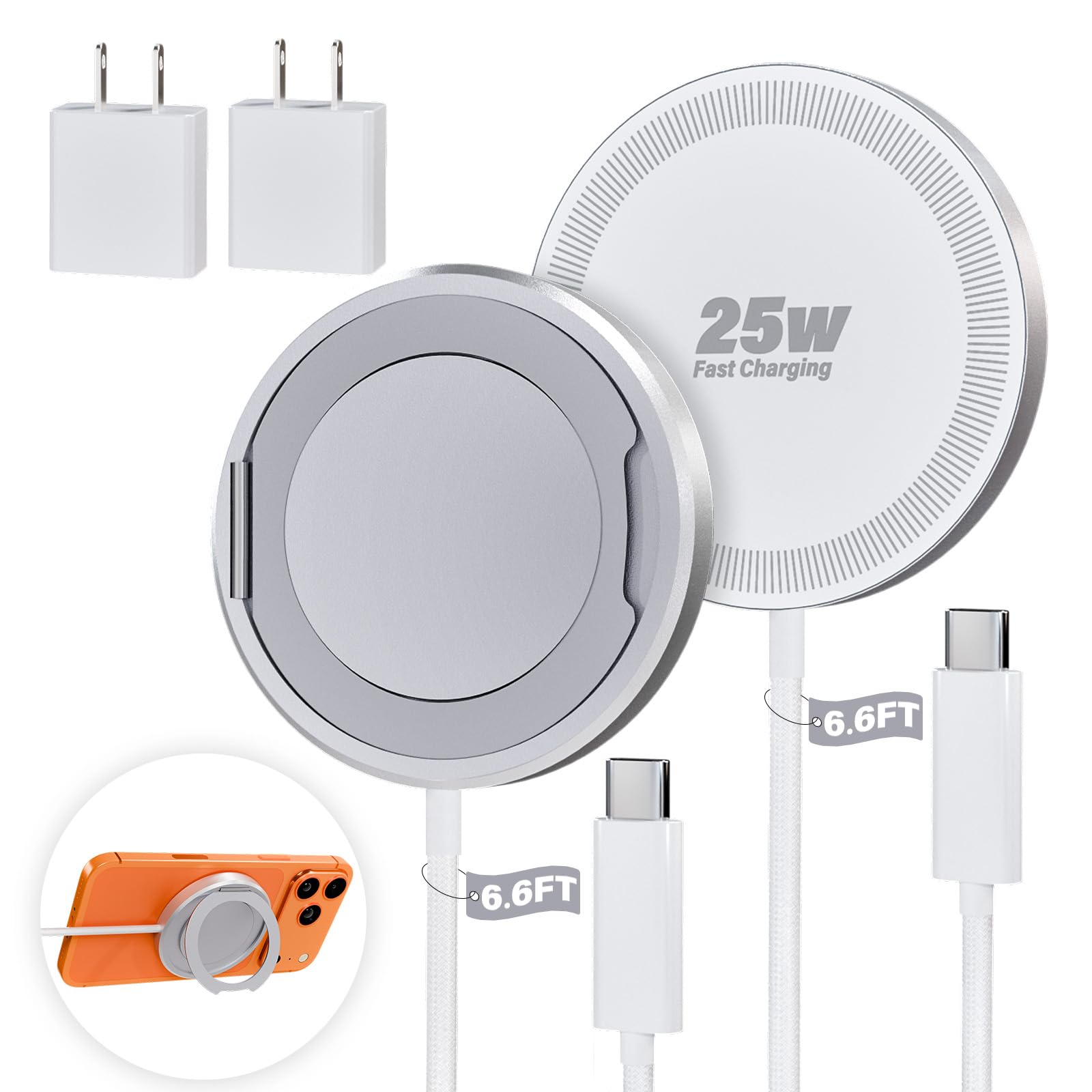 2Pack Magnetic Wireless iPhone Charger Fast Phone Charger with Kickstand, 6.6FT 25W Fast Phone Charging Pad Wireless Magnetic Charge for iPhone 17/17Air/16 Pro Max/16 Plus/15 Pro Max White