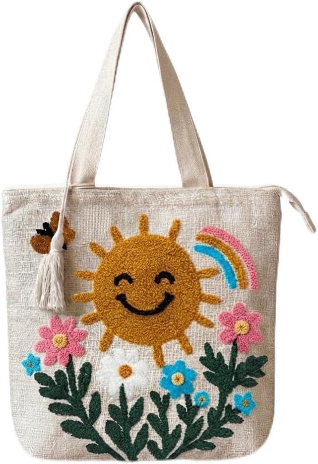 Embroidered Cotton Tote Bag, Handmade Floral Bird tote bag Beige colour