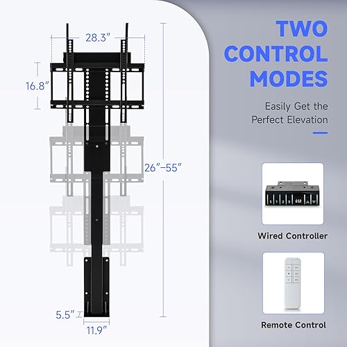 Miniatura 6 de CO-Z Elevador de TV motorizado para televisores de 32" a 57" de hasta 165 lb, 400x400 VESA, soporte con mecanismo de altura ajustable y montaje en