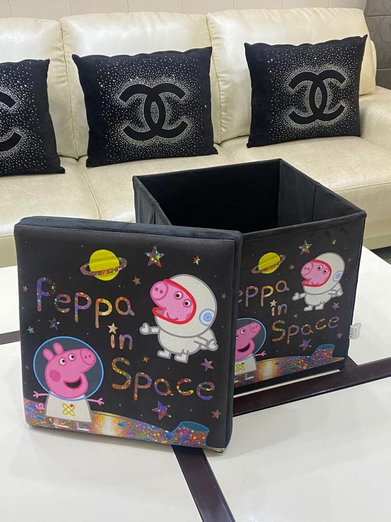 Amba Fabs Folding Medium Storage Ottoman Kids Foldable Stool with Lid with Memory Foam for Sitting, Cloths, Kids Toys Storage Organizer Space Saving Box with Cartoon Print (Black)