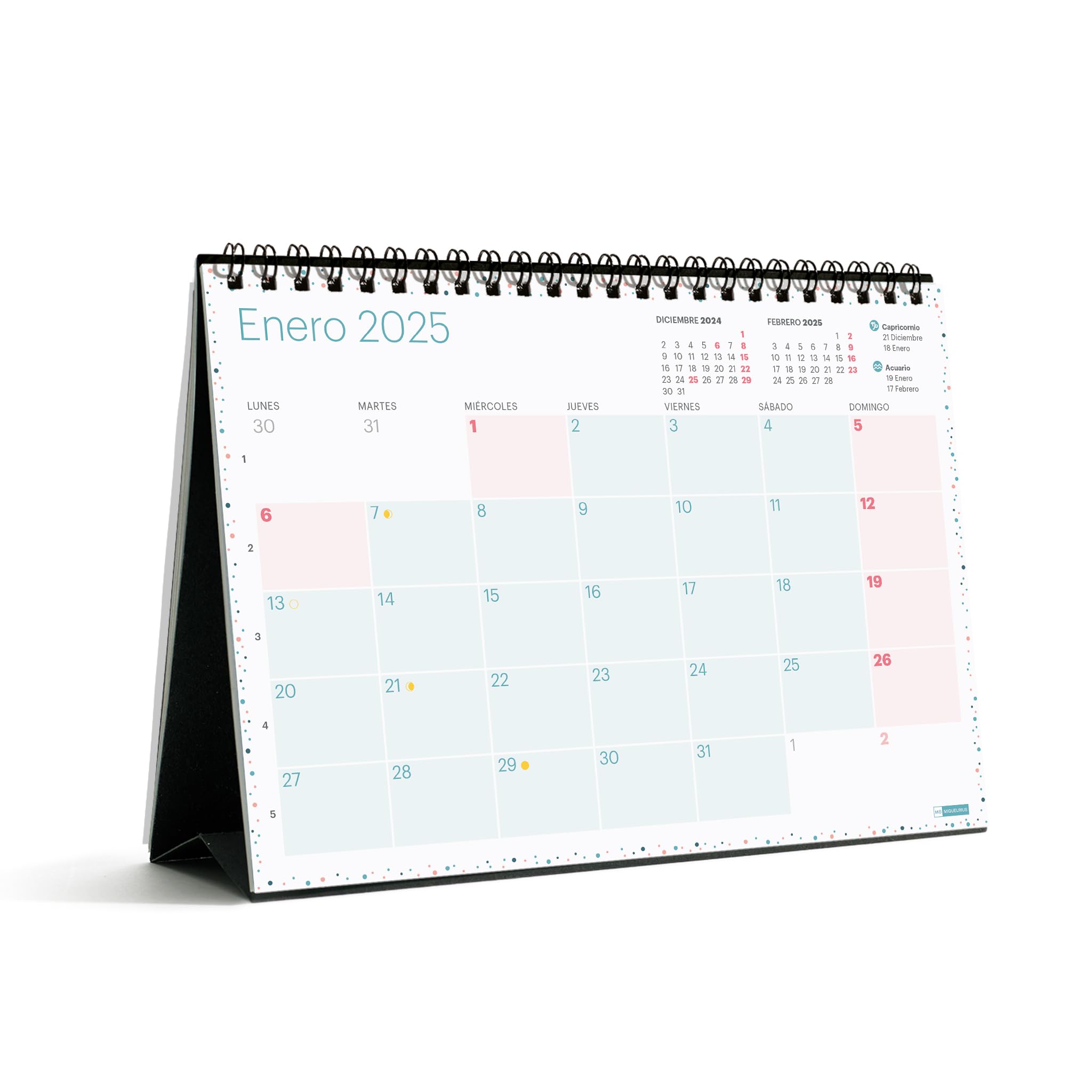 Miquelrius - Calendario de Sobremesa 2025, Calendario A5: 210 x 148,5 mm, Con espacio para anotar, Calendario 2025, Encuadernación espiral doble, Español, Incluye adhesivos, Lovely, Colores pastel