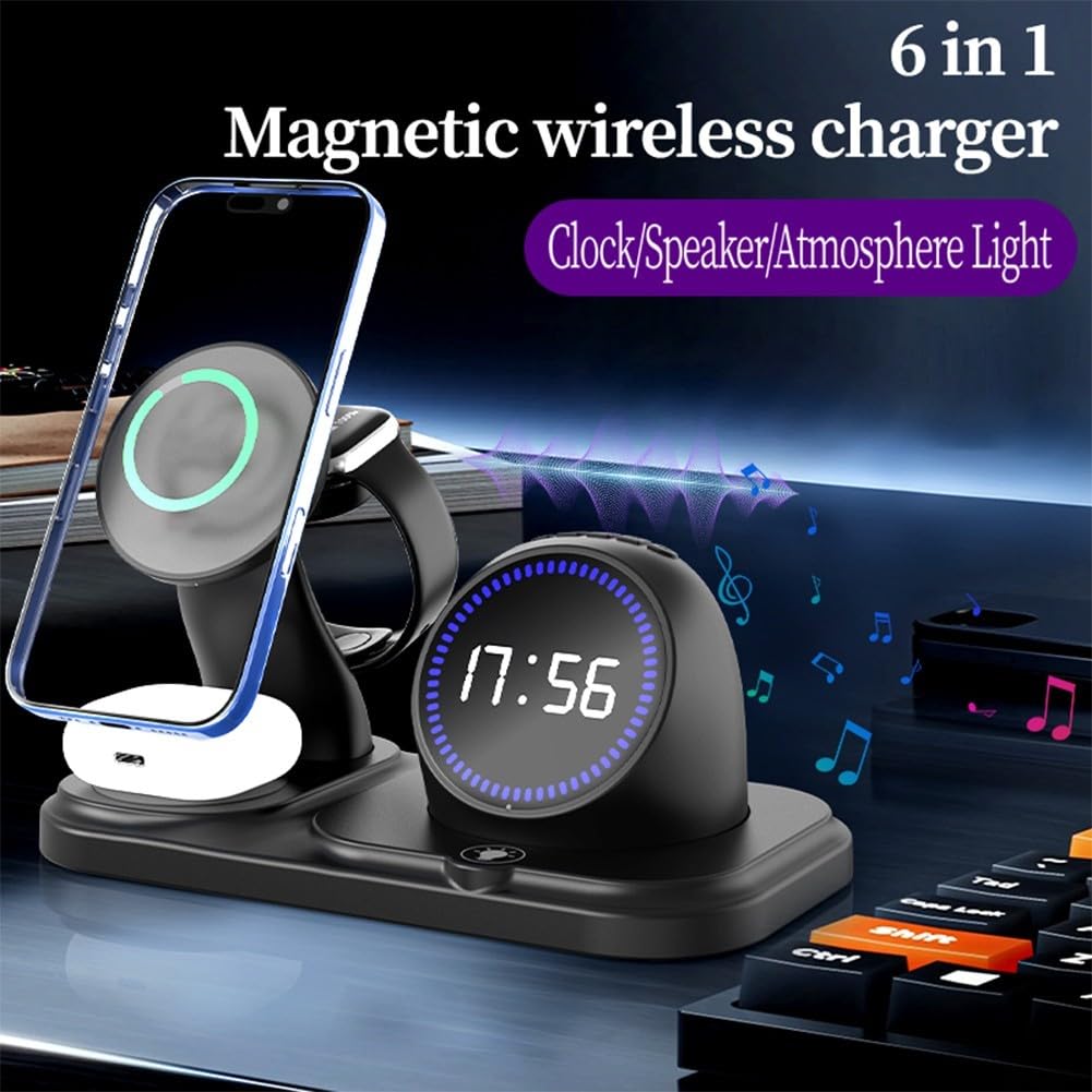 Ricarica wireless magnetica con sveglia, luce ambientale RGB, altoparlante audio per smartphone, smartwatch, cuffie, casa, ufficio (bianco)