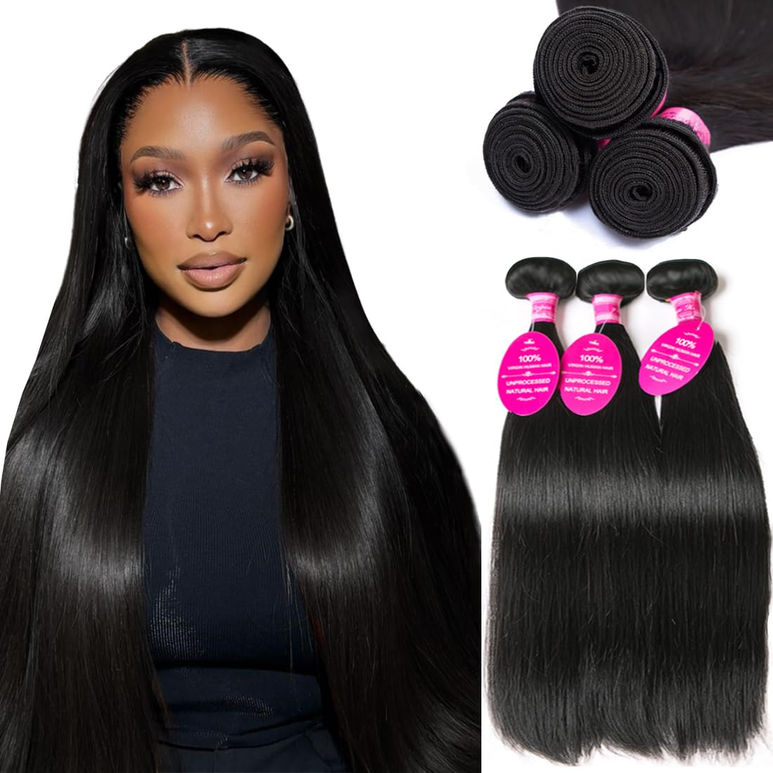 Amazon.com : Straight Bundles Human Hair 3 Bundles 16 18 20  display picture 2