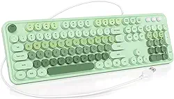 Teclado de máquina de escrever com fio, tamanho completo, verde, retrô, teclado de computador com teclas redondas para laptop Windows (verde)