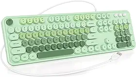 Teclado de máquina de escrever com fio, tamanho completo, verde, retrô, teclado de computador com teclas redondas para laptop Windows (verde)