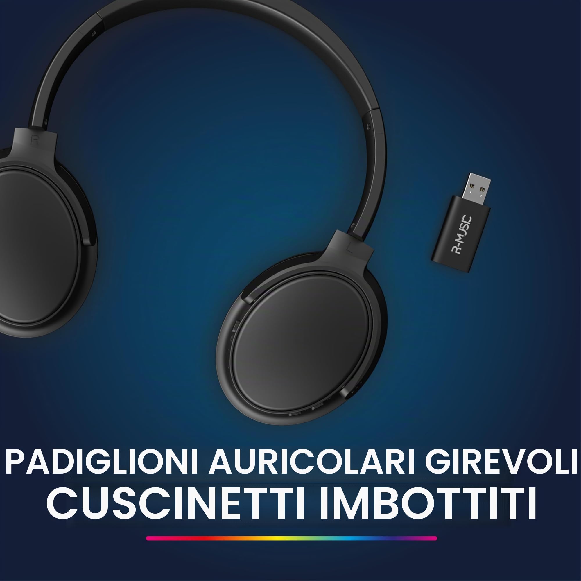 R-MUSIC RM306841 - Cuffie TV senza fili con ricevitore USB 2,4 GHz - 12 ore di durata della batteria - radio FM, jack da 3,5 mm, padiglioni girevoli - Nero