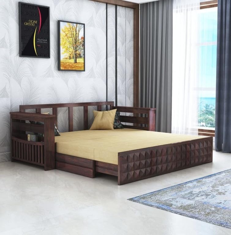 Image of Solid Sheesham Wood Sofa Cum Bed 2 Seater | Wooden Foldable Double Bed for Living Room with Headboard & Storage | Bed Cum Sofa with Mattress for Home | Diamond Design (Walnut Finish)