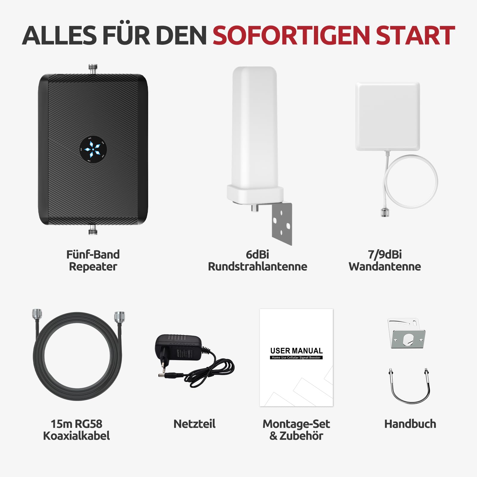 Mobilfunk Verstärker Handy Signalverstärker LTE 4G 5G für Alle Netze, Fünf-Band Repeater mit Omnidirektionale Antenne, 65dB Gain Booster für Wohnung & Home Office, Unterstützt Telekom/Vodafone/O2