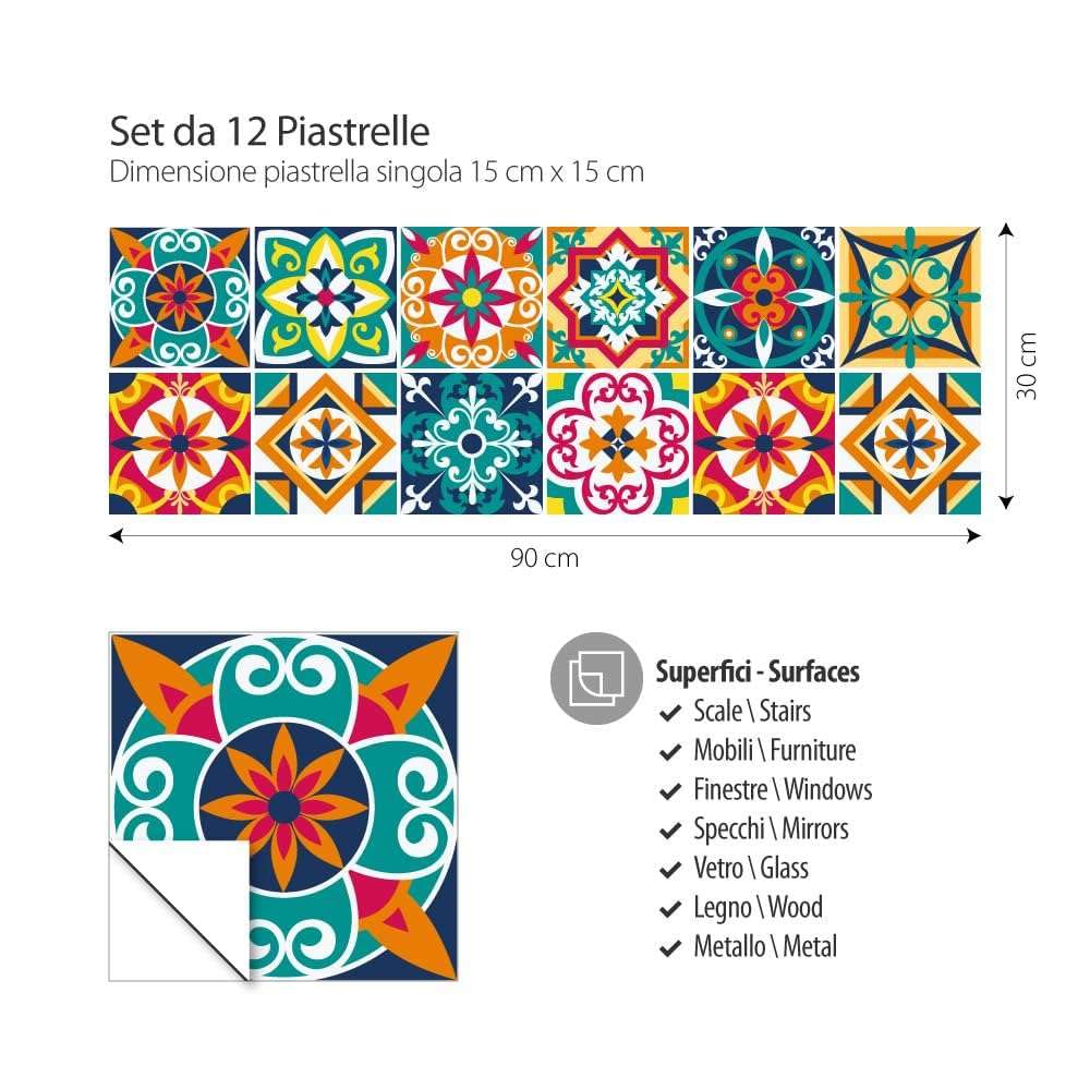 RE-COVERTILES - Adesivi per Piastrelle Bagno e Cucina 10 Pz 20x20 cm - PS00187 Decorazione murale in PVC impermeabile mattonelle mosaico stile cementine Azulejos