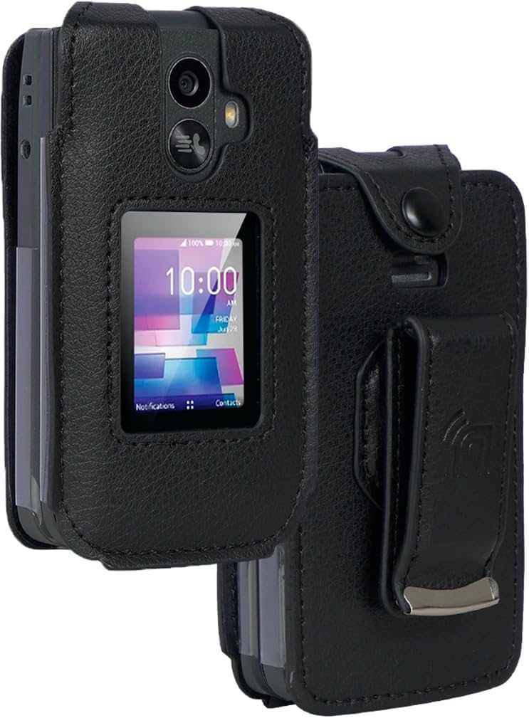 Case for TCL Flip 3 Phone, Nakedcellphone [Black Vegan Leather] Form-Fit Cover [Built-in Screen Protection] and [Metal Belt Clip] for T435 (2024)