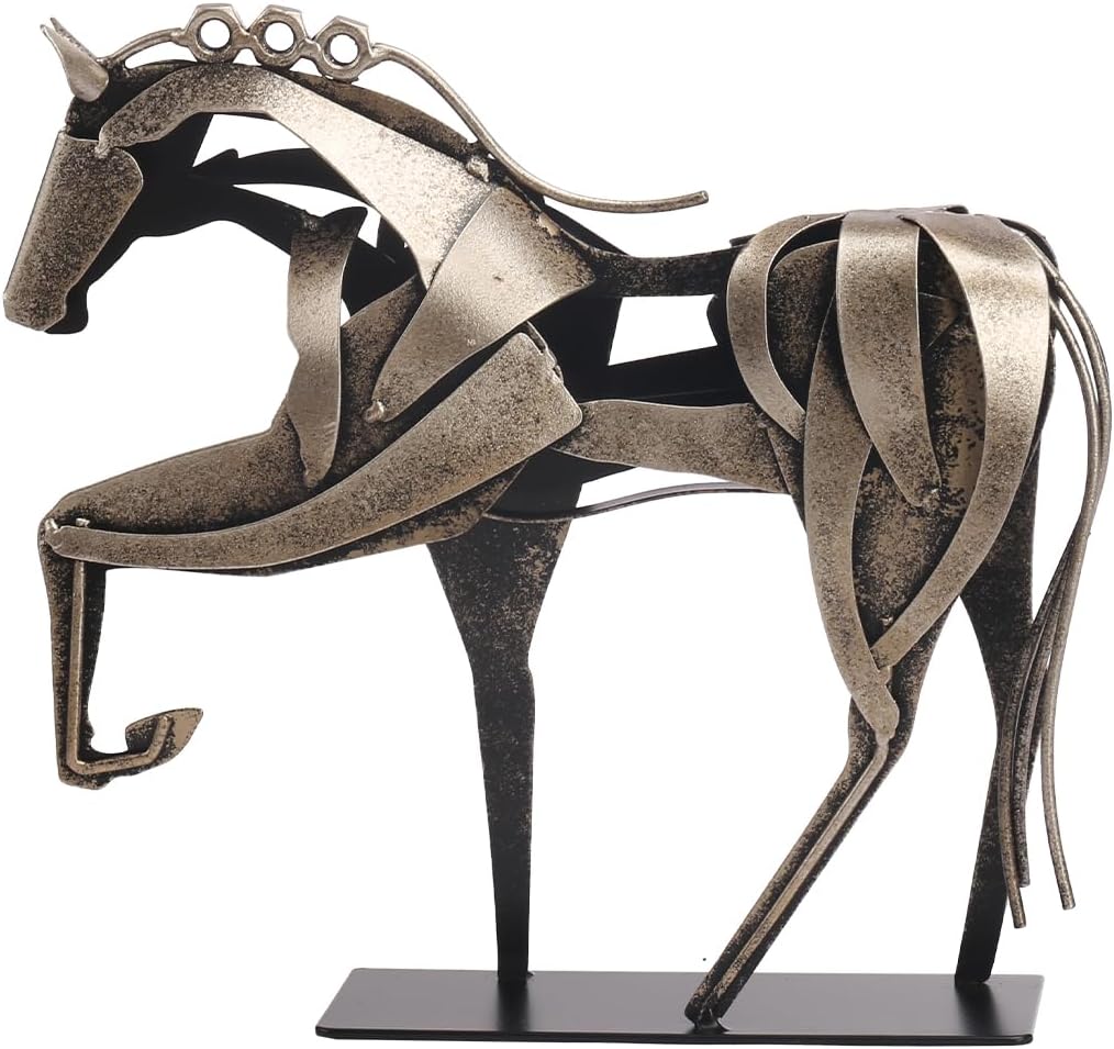 Handmade Geometric Metal Horse Sculpture - Modern Standing Horse Statue for Home Office, Desk, Garden Decor (Gold)
