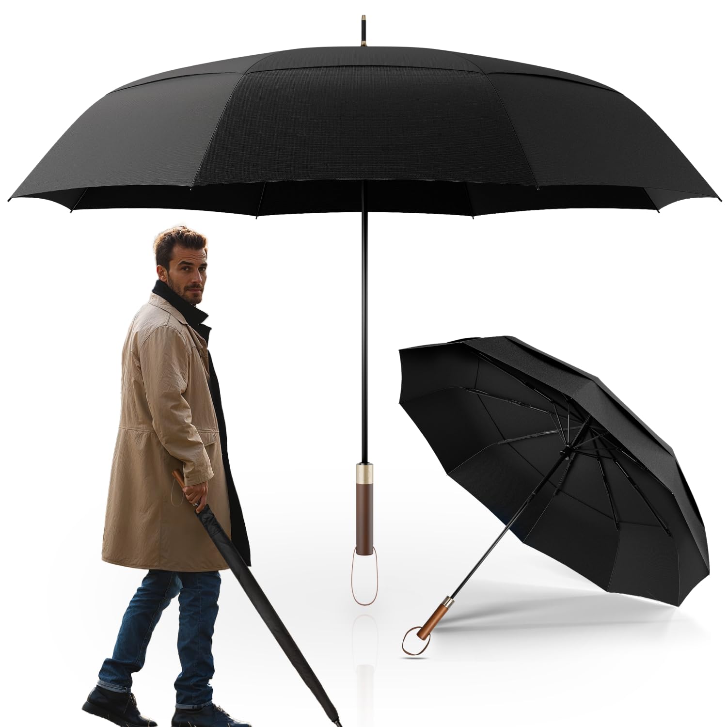 LOGAN & BARNES Stockschirm sturmfest [Ø120 cm] mit hochwertigem Echtholzgriff - XXL Regenschirm für 2 Personen - Regenschirm Groß - Modell CHICAGO