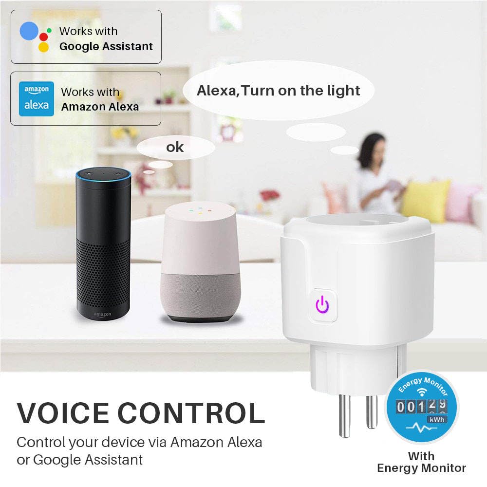 Presa connessa WiFi 20 A-Smart Plug contatore di energia, compatibile con Alexa, Google Home, Tuya, monitoraggio del consumo di energia e protezione da sovratensione, controllo dell'app Smart Life-240