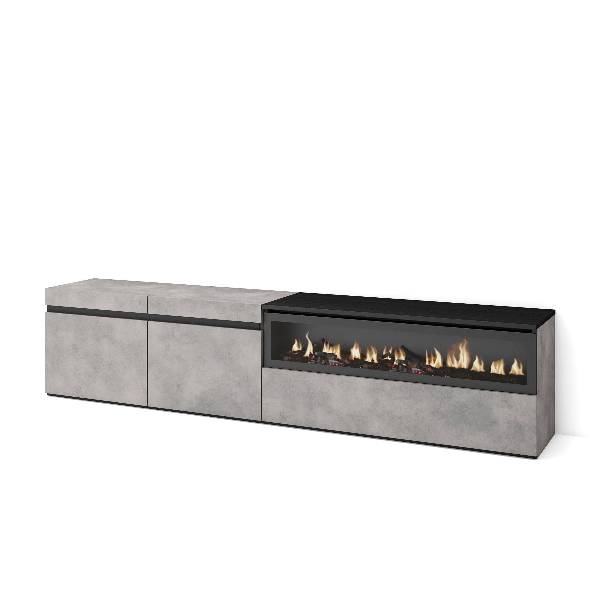 Skraut Home | Mobile TV Soggiorno | Ampio spazio a disposizione | 200x45x35cm | Per TV fino a 80" | Camino elettrico | Stile moderno | Cemento