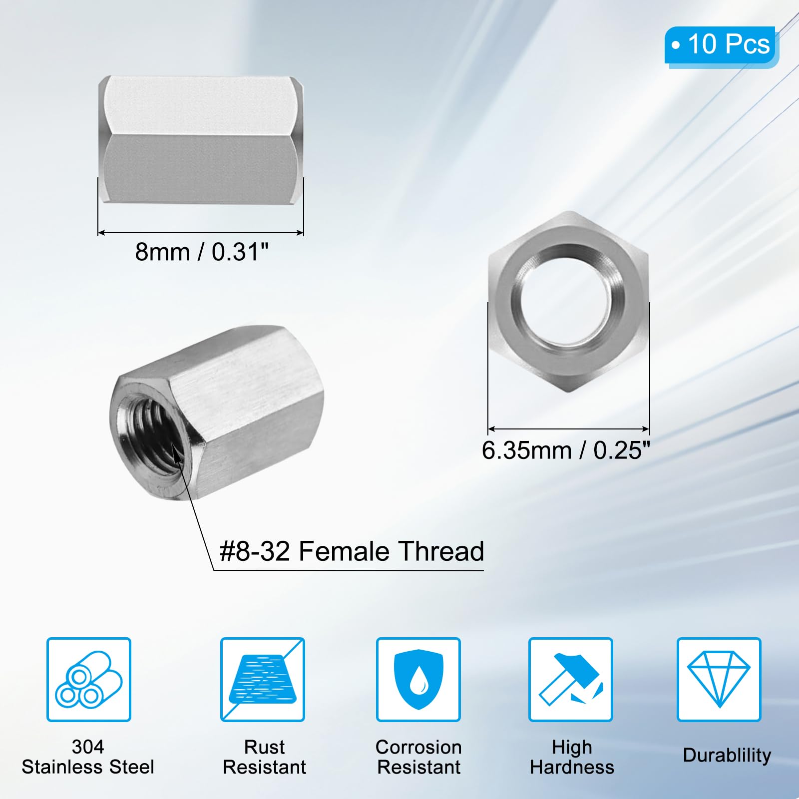 PATIKIL 8#-32 UNC 304 Stainless Steel Hex Coupling Nuts - Image 2