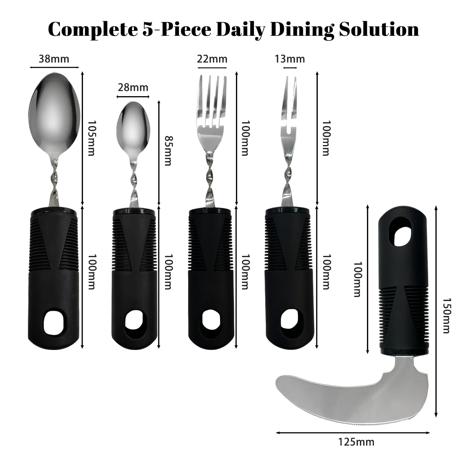 Daily Treasures Set de 5 Couverts Adaptés, Couteau à Steak Vertical & Fourchettes/Cuillères Orientables 180°pour Mains Atteintes de Parkinson, Tremblements, Arthrite, Personnes Âgées et Adultes (Noir)