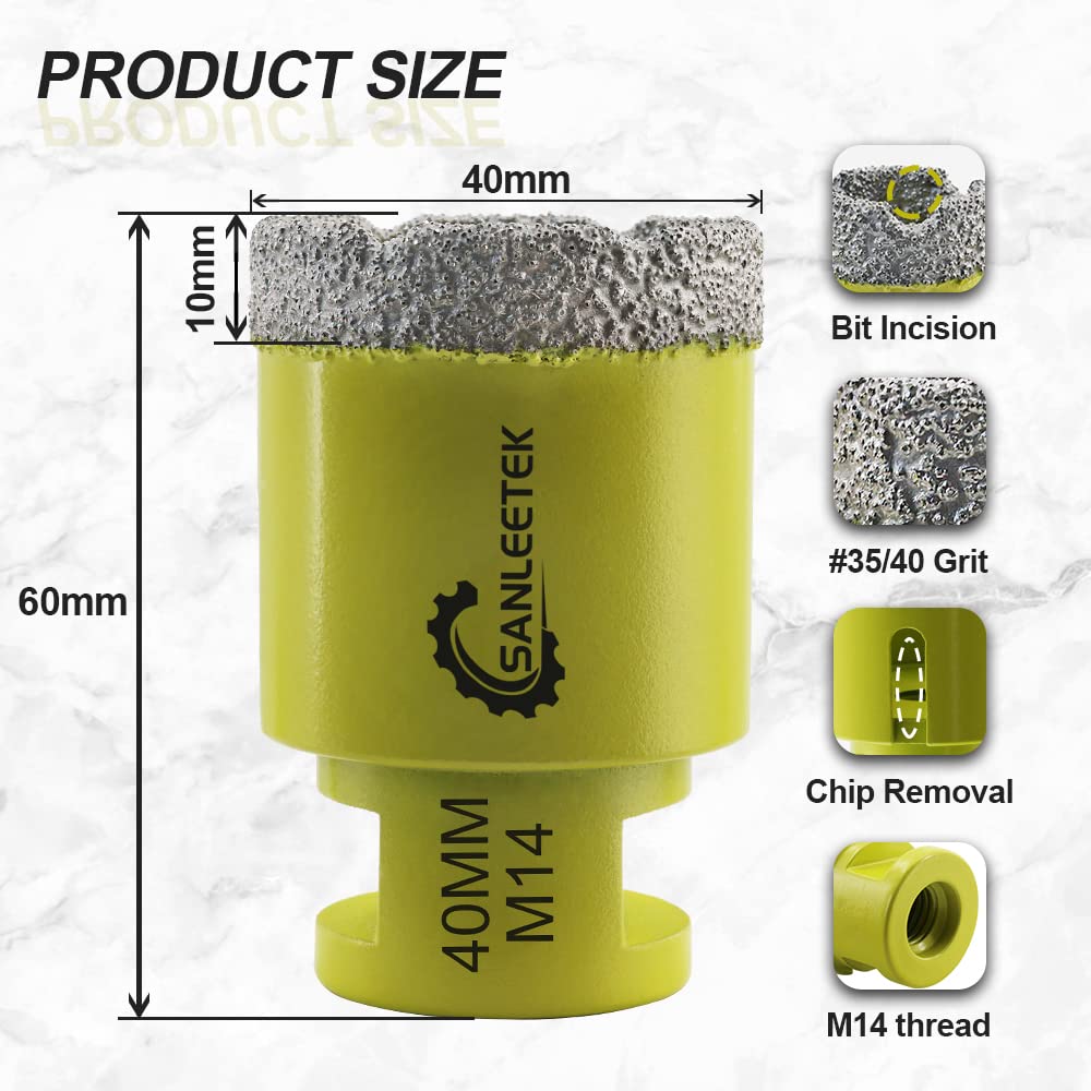 Punte per Trapano Diamantate 40mm - Brasatura Sotto Vuoto Fresa Diamantata per Ceramica Porcellana Marmo Granito M14 Filettatura SANLEETEK