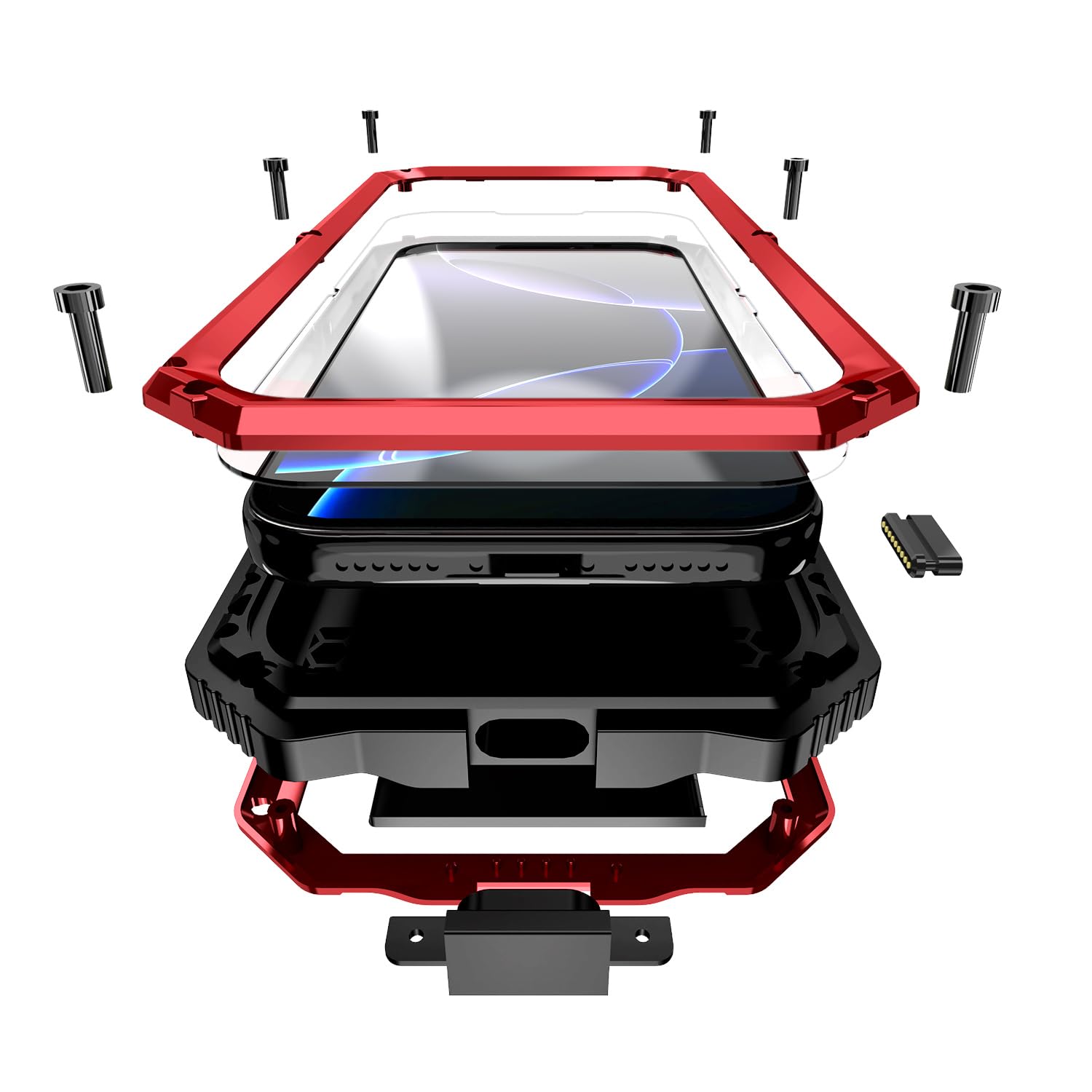 Military Metal Heavy Duty Case for iPhone 17 Pro Max, Drop Protection Rugged Defender Metal Bumper Screws Case with Stand Gorilla Glass Camera Cover Full Body Dustproof Protective Cover Red