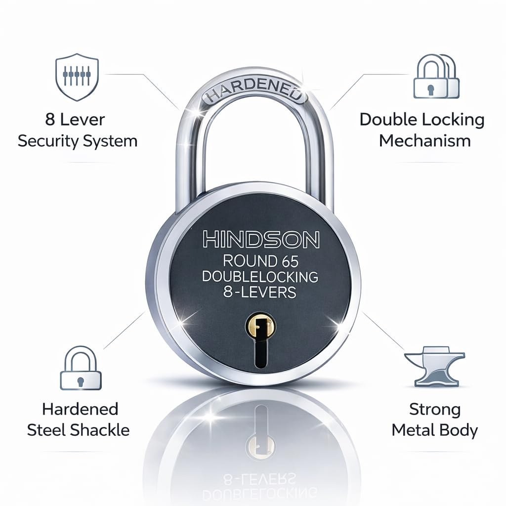 HINDSON Round 65mm Padlock | Heavy Duty Metal Body Lock | Double Locking | 8 Steel Levers | 6 Silver Keys with Keychain | Silver Finish | Home Improvement | Made in India — Amazon image 2