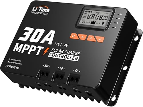 LiTime 30 Amp MPPT 12V24VAuto DC Entrada Controlador de Carga Solar Módulo Bluetooth integrado, Parámetro Pantalla LCD Ajustable Indicadores LED