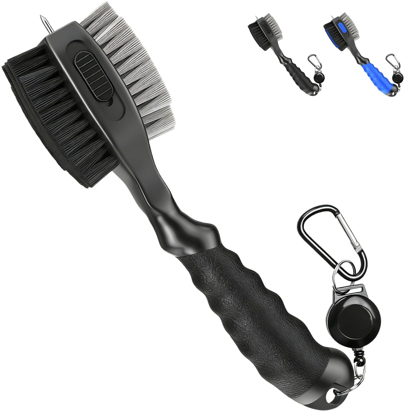 Golf Club Brush and Groove Cleaner - 2ft Retractable Zipline Carabiner, Oversized Brush Head with Retractable Spike,Comfortable Grip Golf Club Cleaner, Practical Golf Accessories (Black)