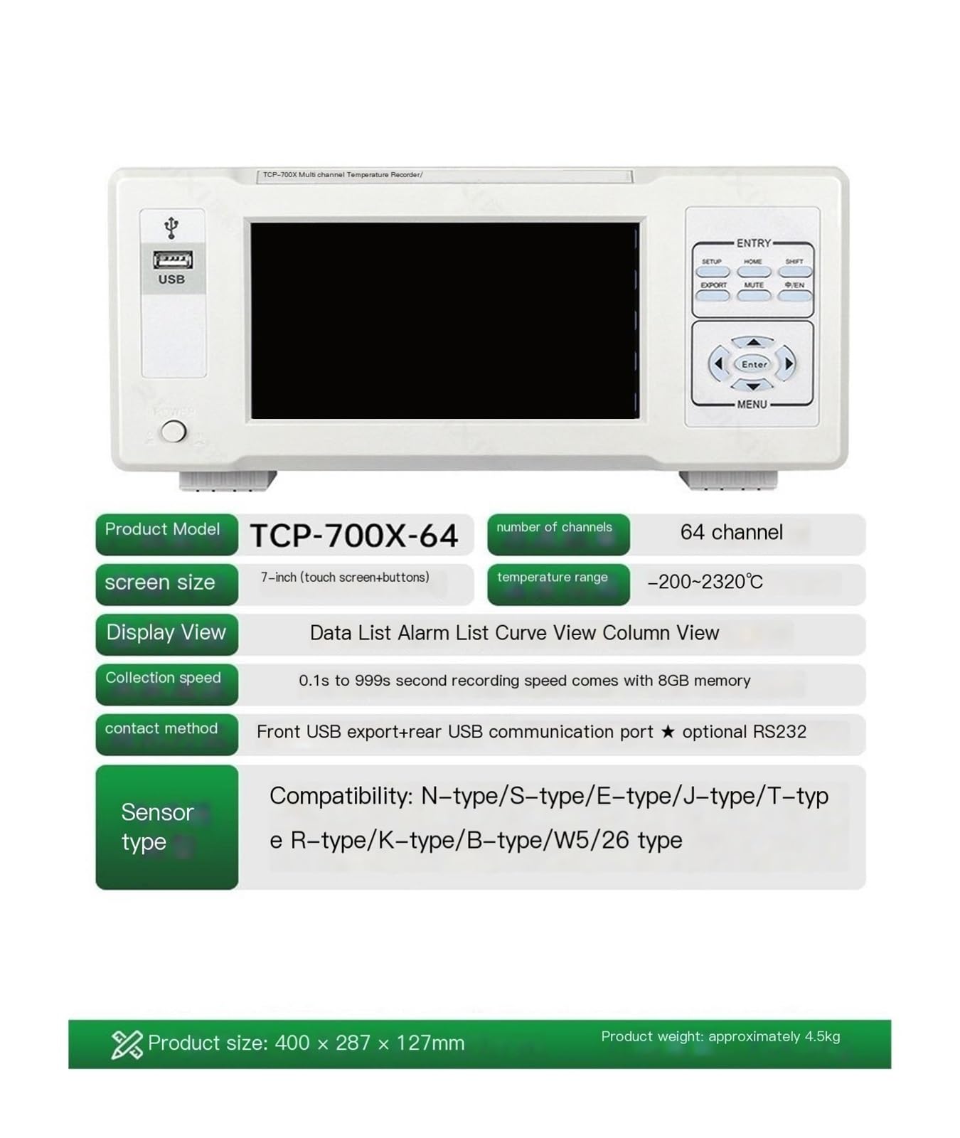 Jauge de température industrielle 700X 64 canaux, écran 7" 8 Go, 0,1 s canaux, compatible PT100 et thermocouple