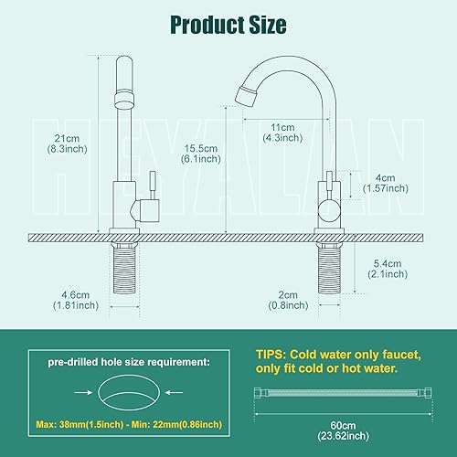 Miniatura 6 de Heyalan Grifo de cocina solo con agua fría, mango único, 1 agujero, montaje en cubierta, SUS304, barra de fregadero de acero inoxidable, cuello de