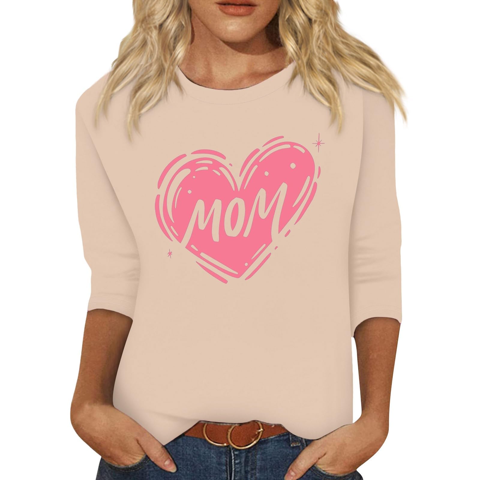 Summer Tops for Women 2024 Vacation Boxy Fit Round Neck Graphic Printed Cute 3/4 Sleeve Mom Shirts for Mothers Day