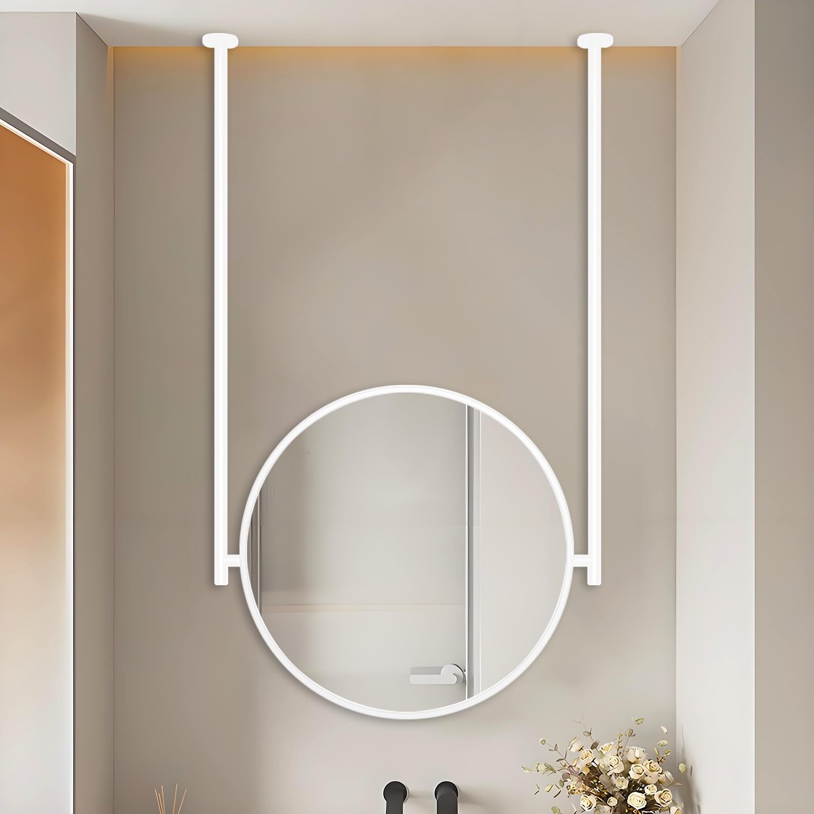 FGXHHS Ceiling Mounted Mirror with White Metal Frame, Hanging Rod for Bathroom, Entry Way, Hallway, Bedroom Round Shape -Boom Can be Customizable(Diameter-40CM/15.7INCH)