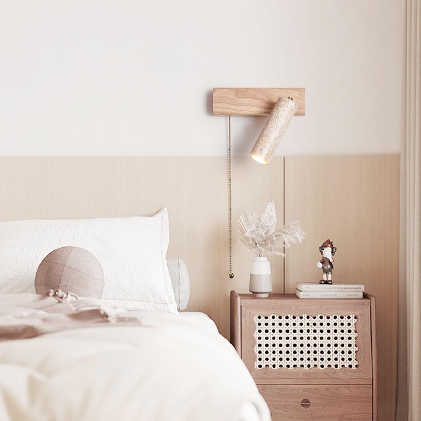 Nowoczesna lampa ścienna LED z kamienia, lampka nocna do czytania, żółty kinkiet z trawertynu z przełącznikiem pociąganym i drewnianą podstawą, regulowane(Walnut color,Left)