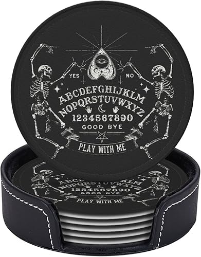 SEPTYK Juego de 6 posavasos con patrón de Ouija mágico de esqueleto vintage para bebidas con soporte, juego de 6 de cuero redondo de 4 pulgadas para