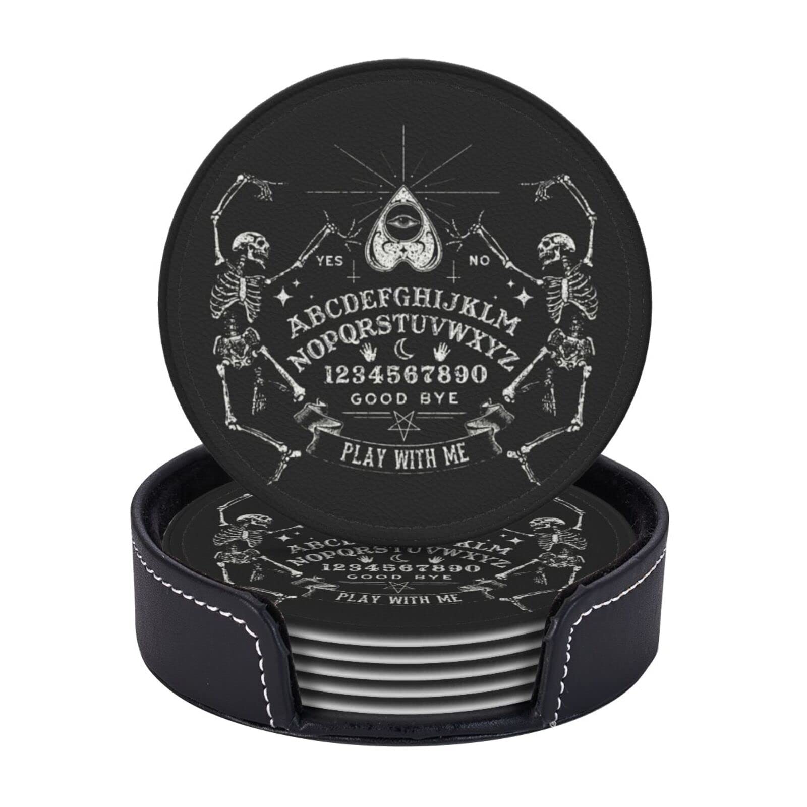 SEPTYK Vintage Skeleton Magic Ouija Pattern Coasters for Drinks with Holder Set of 6 Leather Round 4" for Home Kitchen Decor Coffee Cup Housewarming