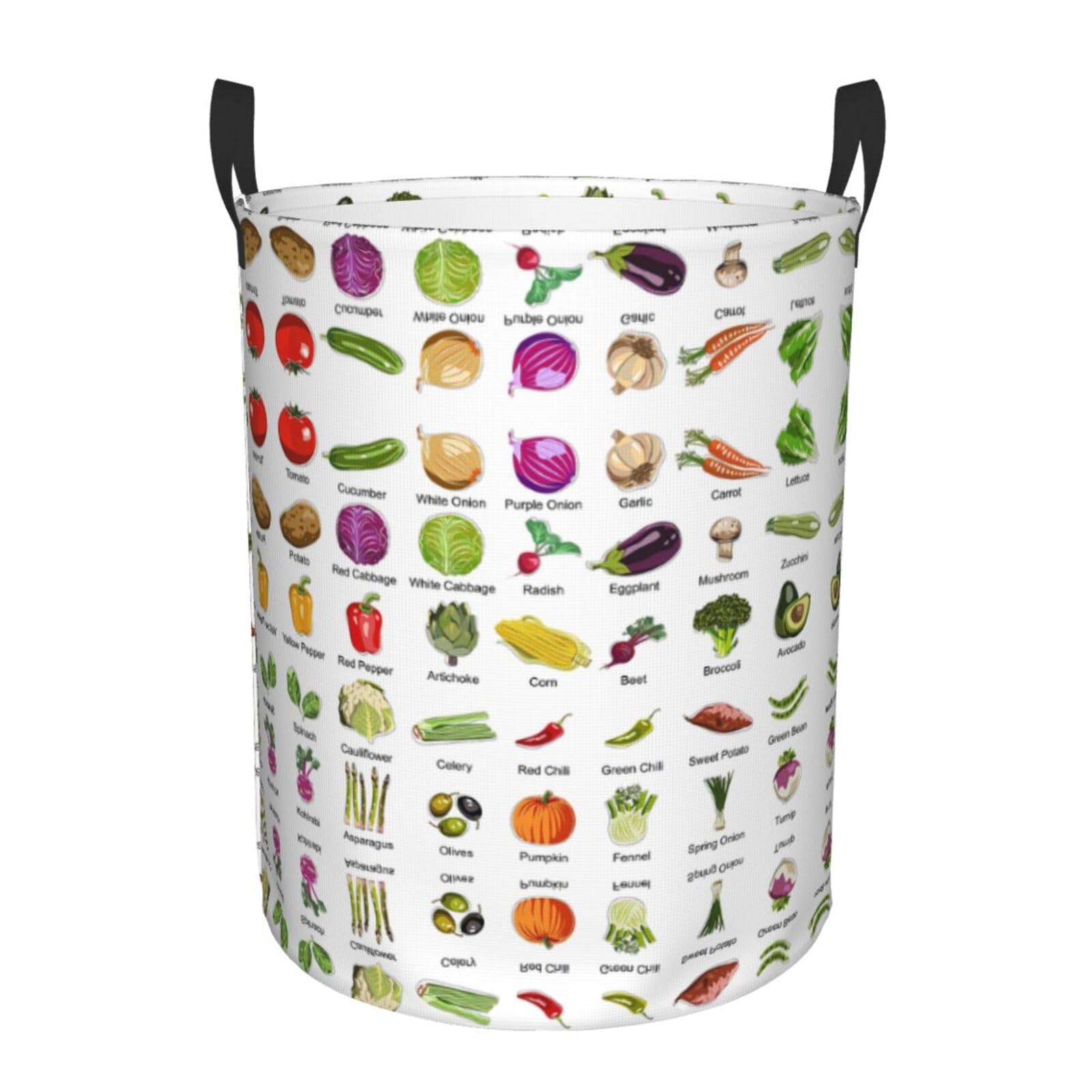 S Collapsible Round Introduction of various vegetables Print Laundry Hamper