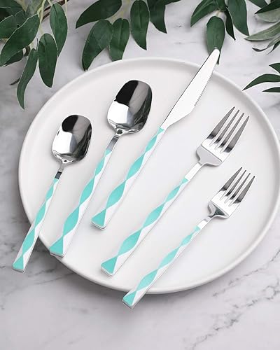 Miniatura 2 de HOFTEN - Juego de cubiertos verdes, 20 piezas de acero inoxidable con mango de color, juego de cubiertos de estilo retro incluye tenedores, cucharas