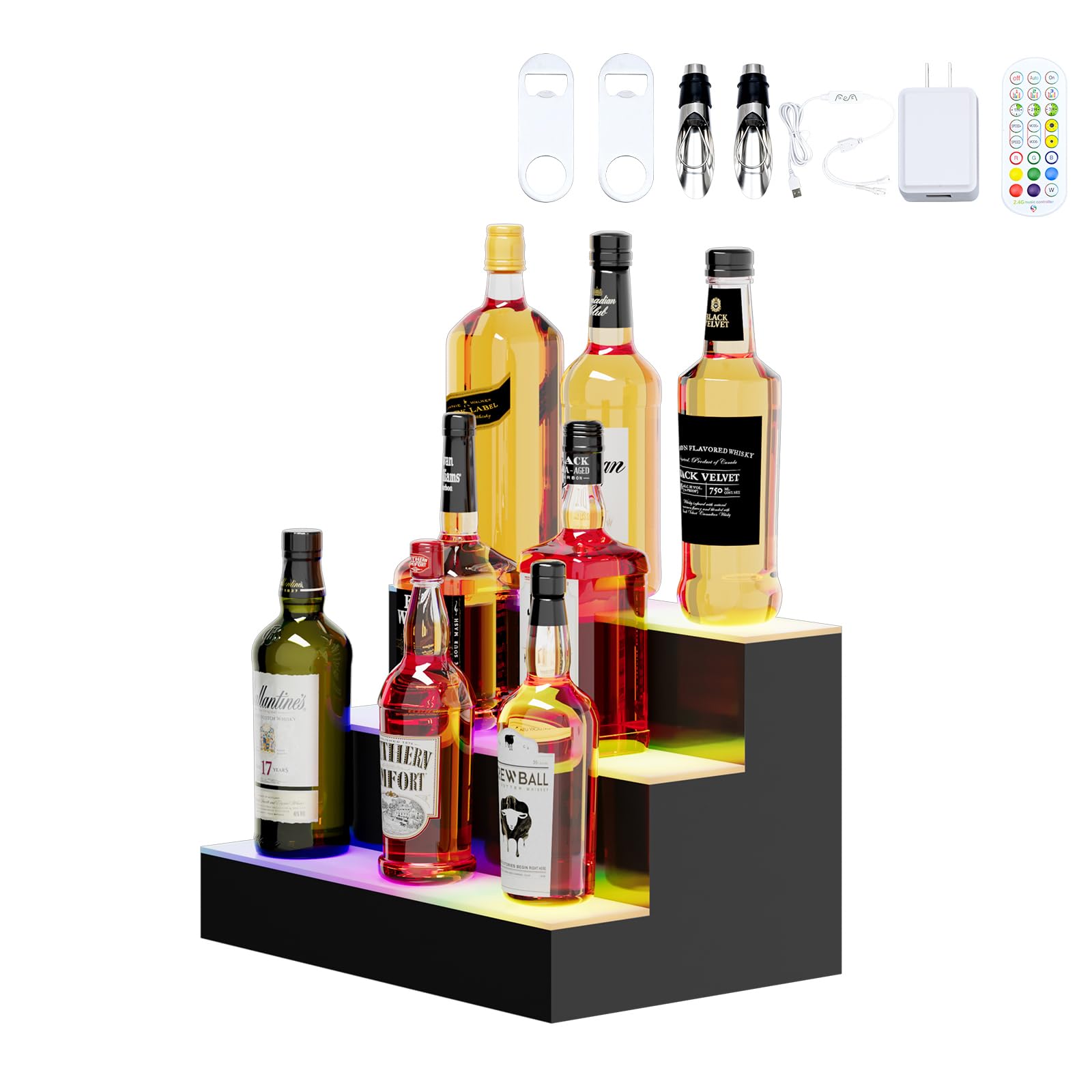 Dethan 3 Tier 16 Inch Liquor Bottle Display Shelf - Wine Racks with Multi-Color App &amp; Remote Control, Adjustable Brightness &amp; Sound Modes, Acrylic Bar Shelves Displays