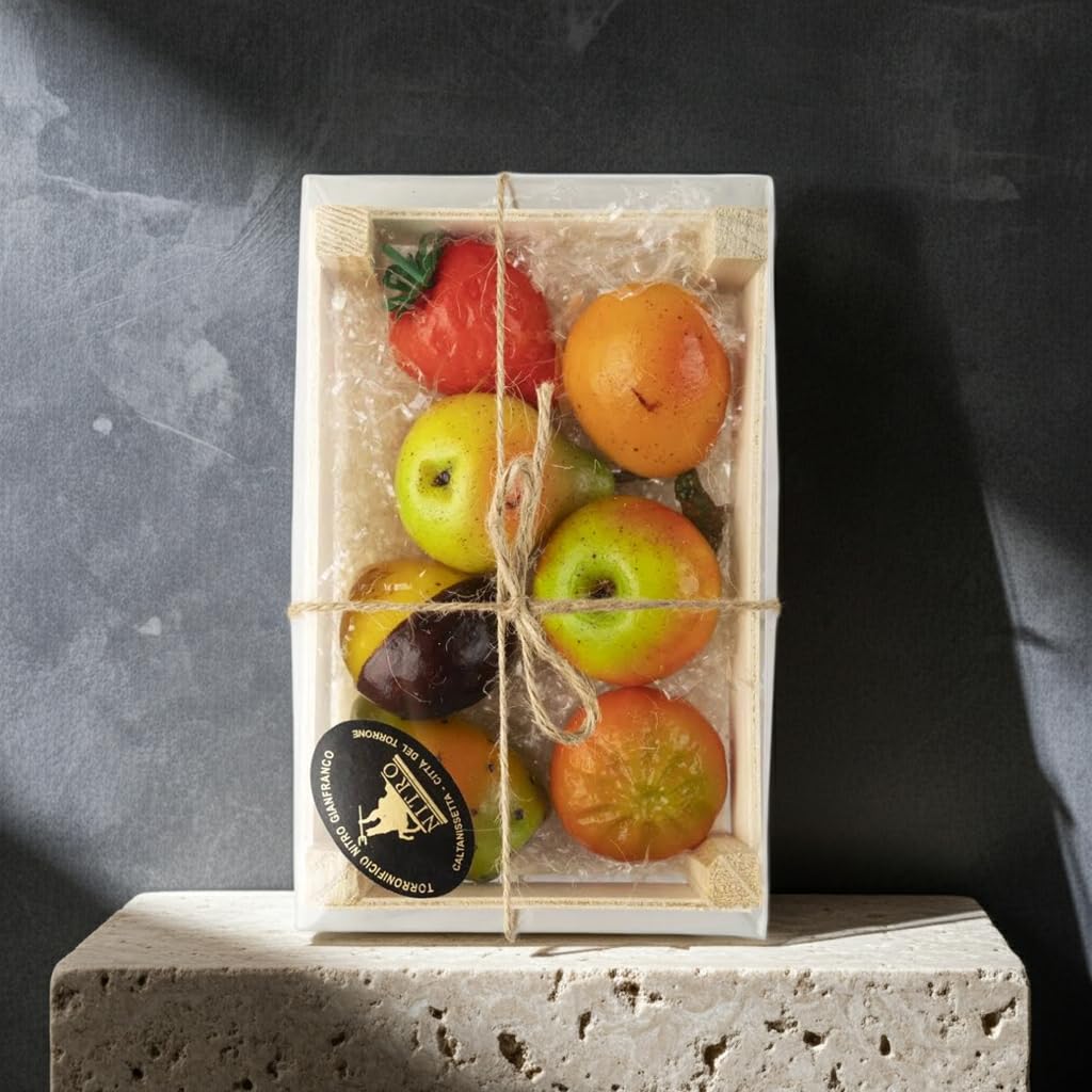 Torronificio Nitro | Frutta Martorana Siciliana Artigianale | Lavorata a Mano con Pasta di Mandorle | Dolce Tipico Siciliano | Idea Regalo Gastronomica | Senza Glutine | Cassettina in Legno da 500g