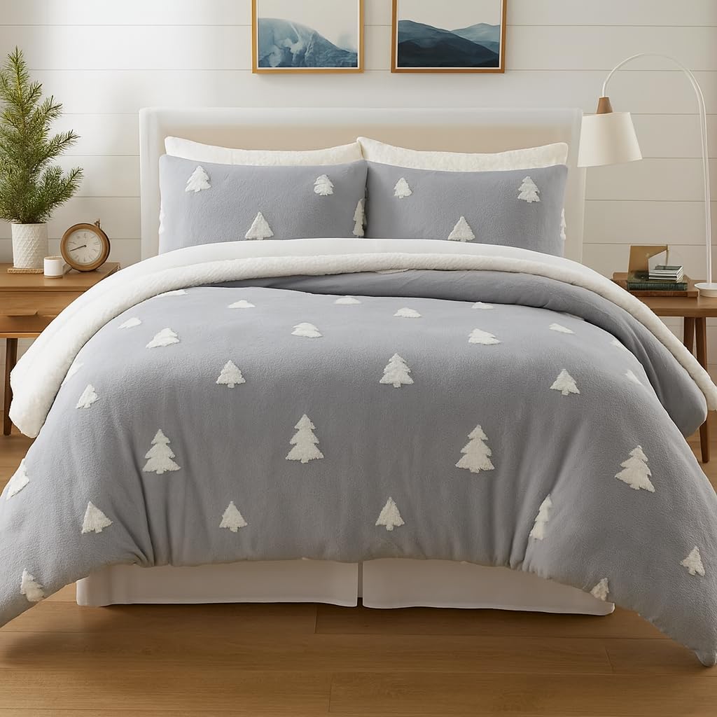 BURAKH Single Duvet Cover Set with Pillowcase Teddy Fleece Blush Pink 135x200cm Soft Warm Bedding Set for Winter, Cozy Fluffy Fleece Duvet Cover and Pillow Case (Single (Grey))