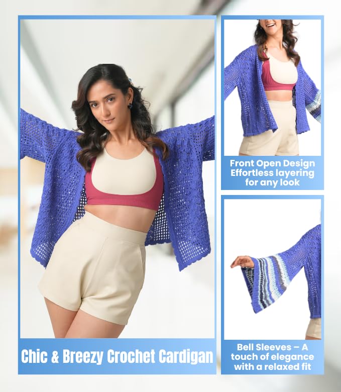 Bell Sleeve Crochet Cardigan for Women Blue | Lightweight Pointelle Knit Open Front Summer Cardigans | Small Size3