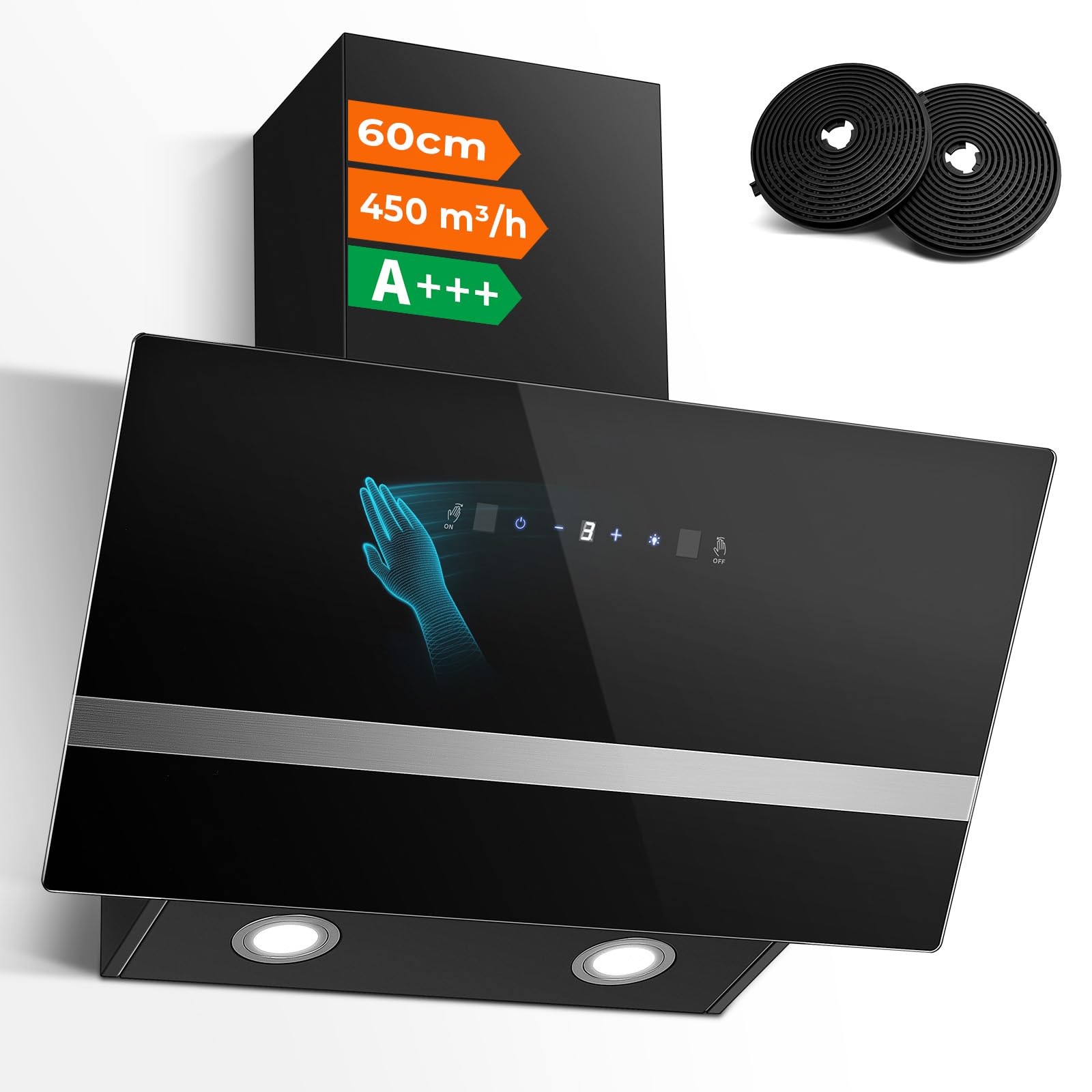 SNDOAS Cappa Aspirante 60 cm, 450 m³/h, Controllo Touch e a Gesti, A+++ | Cappa da Cucina Inclinata con Scarico/Ricircolo, 3 Velocità + Modalità Boost, Silenziosa, LED, Vetro Nero