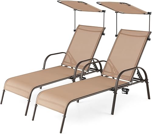 Byroce - Sillón de patio con toldo, tumbona para exteriores con respaldo ajustable de 5 niveles, brazos y portavasos, silla reclinable de metal para